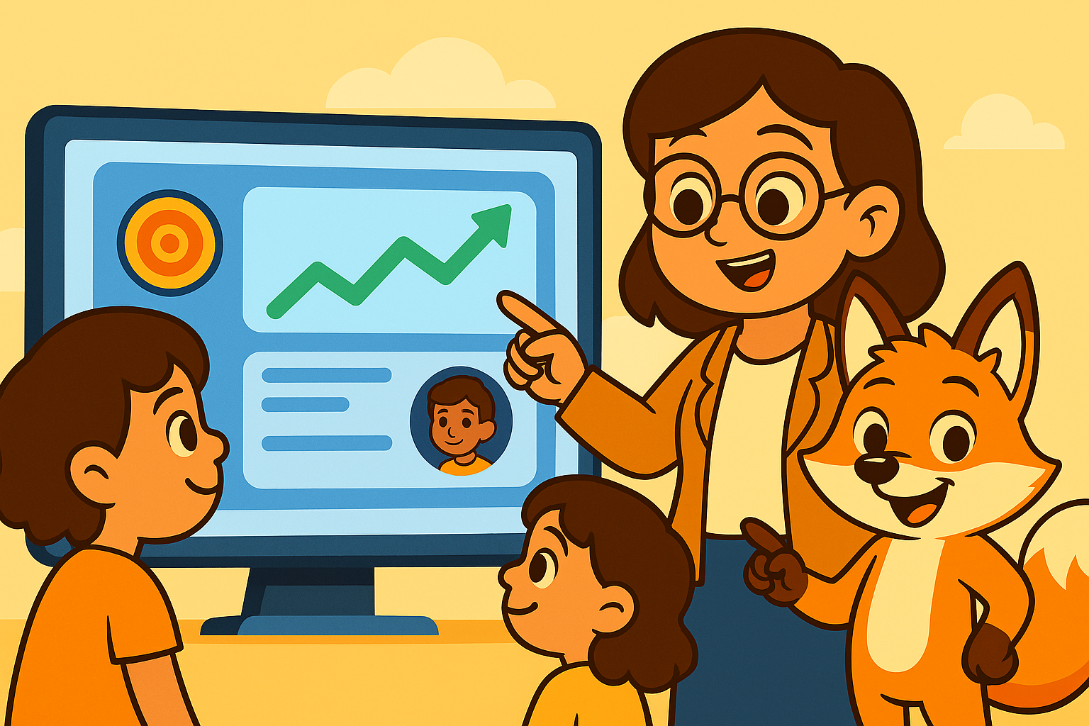 Ilustración de una maestra viendo reportes con sus alumnos